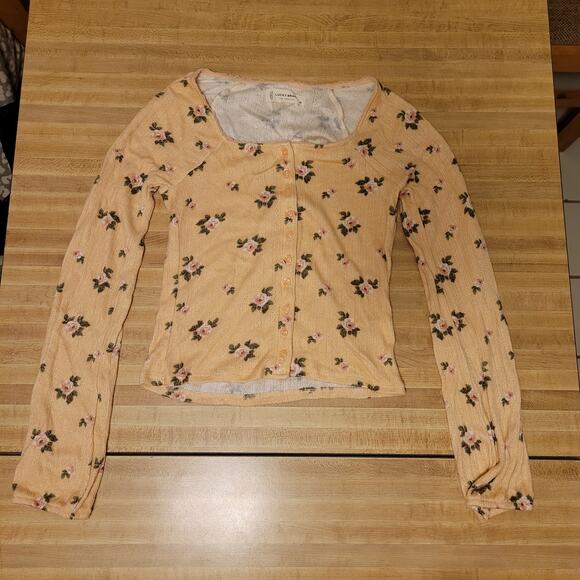 Lucky Brand Floral Button-Up Cardigan Women's XS Stretchy Peach Knit Long Sleeve - Picture 4 of 7